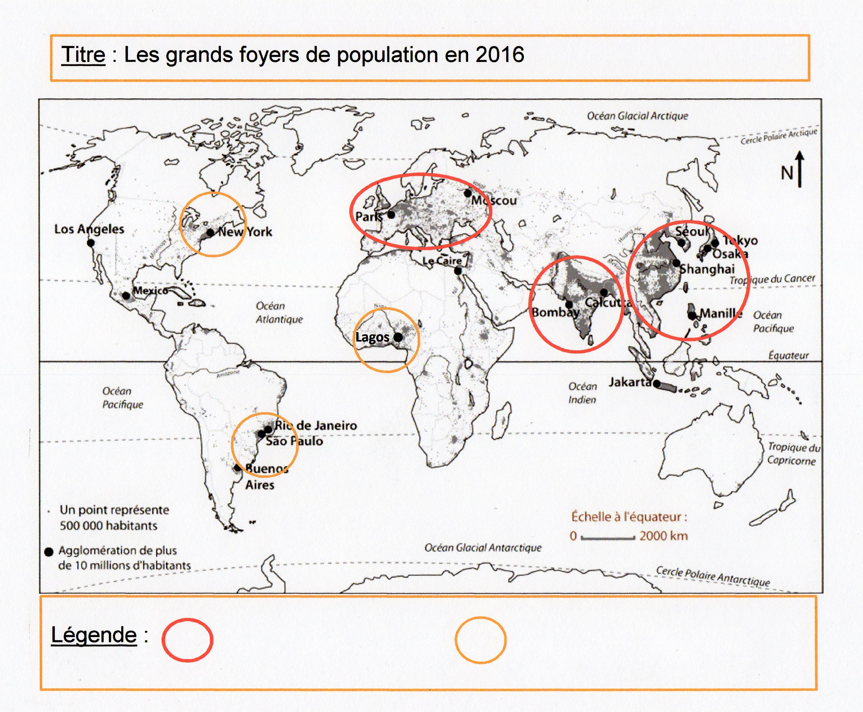 exercice de geographie 6eme carte du monde Le monde habité : densité de population, foyer de peuplement 